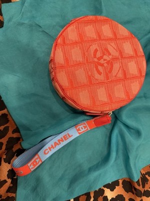 CHANEL Round Fabric Makeup Bag Wristlet Pouch Zipper Wrist Strap Red/Blue