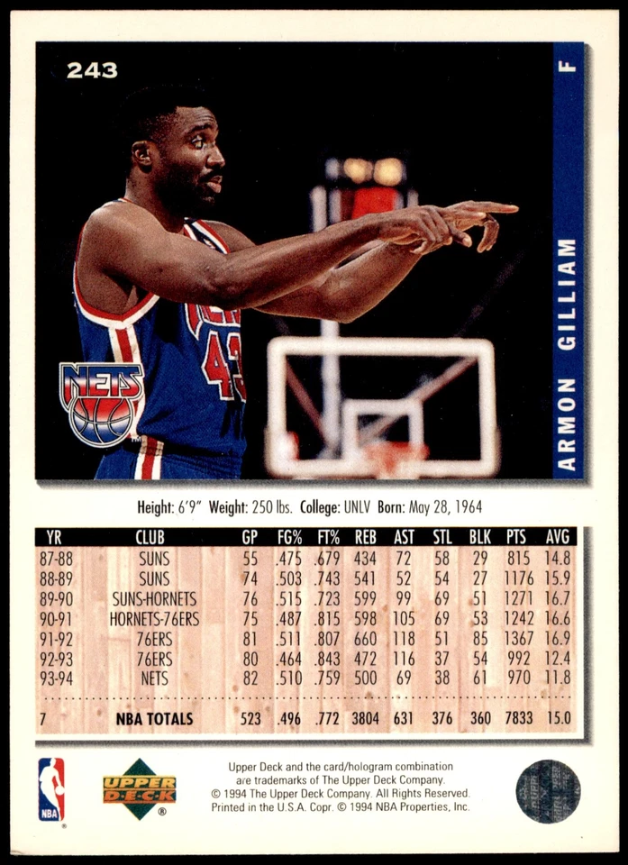 Armon Gilliam #243 1994-95 Collector's Choice Gold Signature - Image 2 of 2