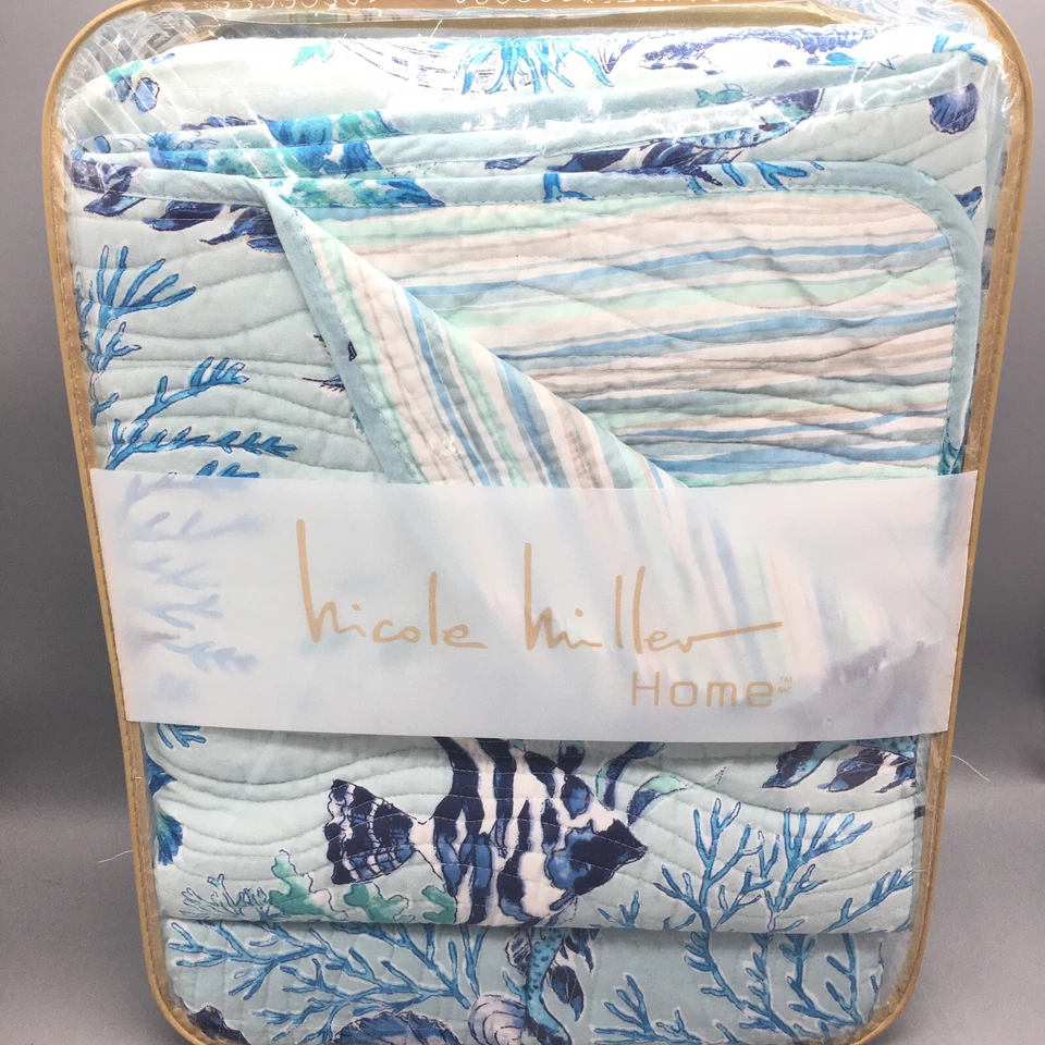 Juego de 3 piezas Nicole Miller Ocean FULL QUEEN Edredón Falso Peces Tropicales Concha Marina Azul Foto 4 de 4