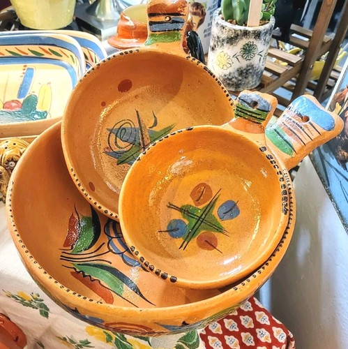 Mexican Red Pottery Tlaquepaque Vintage Handmade Handpainted Round Stacking 3pc - Picture 4 of 6