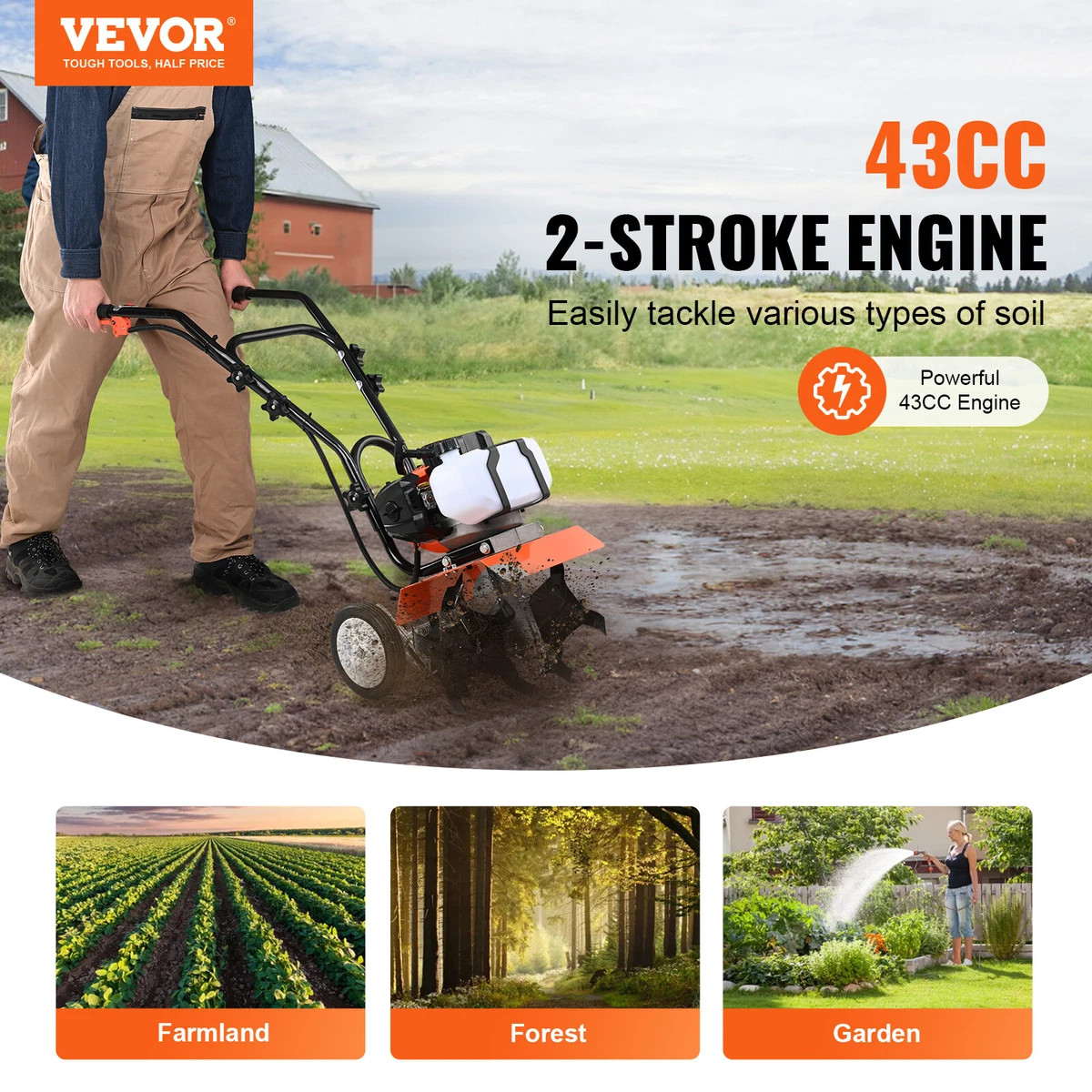 VEVOR Tiller Cultivator Gas Powered 43CC 2 Stroke Garden Cultivator Lawn Garden