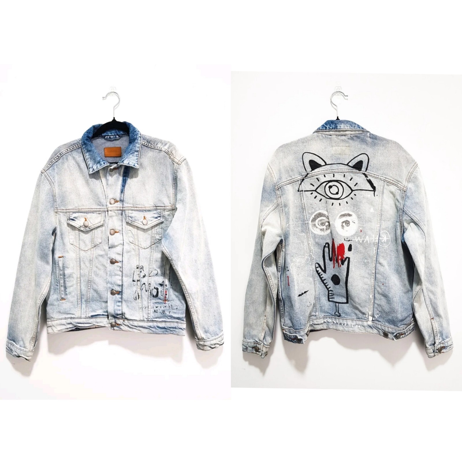 ZARA denim jacket painted graffiti back size S oversi… Gem