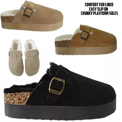 Womens Ladies Faux Suede Fur Lined Mule Slippers Cork Platform Wedge Clogs Size - Picture 2 of 19