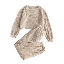 Women's Fuzzy Lounge Casual Pajamas Sets Long Sleeve Fleece Small Khaki