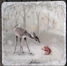 Reh im Wald Bild mit Schneeglimmer, Handarbeit aus Serviette/Holz, zum Aufhängen