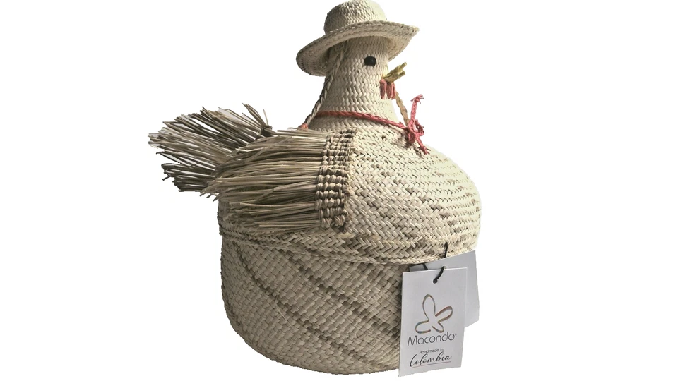 Macondo Colombia Woven Straw Chicken Hen Lidded Basket Decor Storage Farmhouse - Image 2 of 4