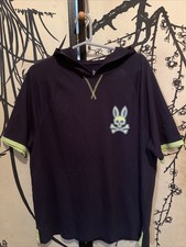 Psycho Bunny Men s Dark Blue Green French Terry Hooded Polo Shirt W/Graphic Logo