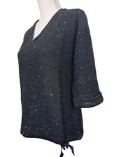 DKNY Jeans Womens M Sequin V-Neck Sweater Black Light Soft Comfortable
