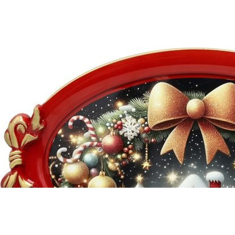 Vassoio Ovale 50x30 cm BRANDANI Christmas Rosso Natale Manici a Fiocco, fotografia 2 di 9
