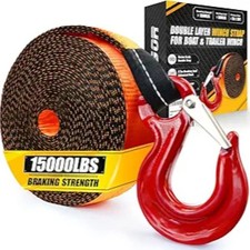 Boat Trailer Winch Strap With Super Steel Hook, 15000 LBS Break Strength, Two La