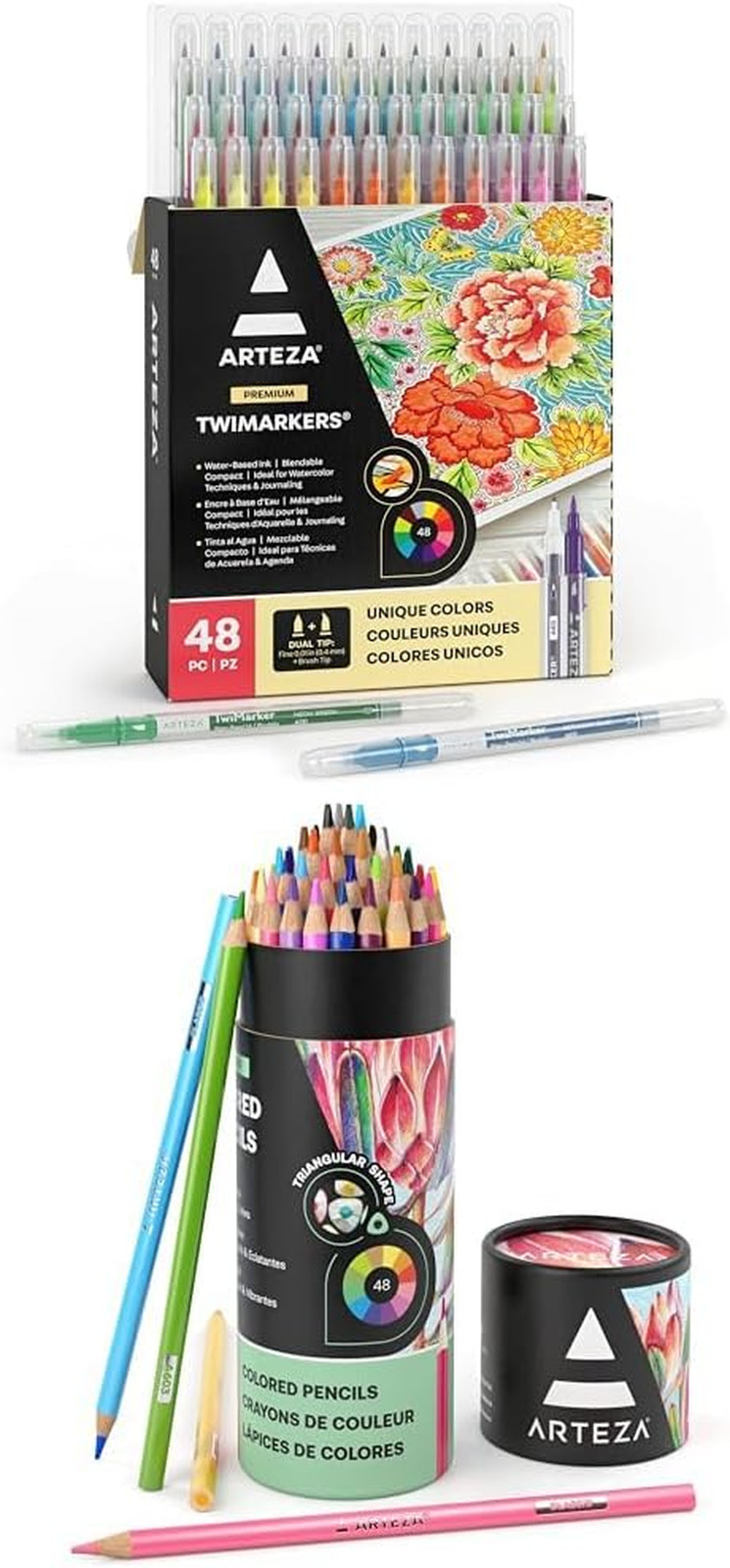 Dual Brush Pens, Set of 48 Colors and Colored Pencils for Ad