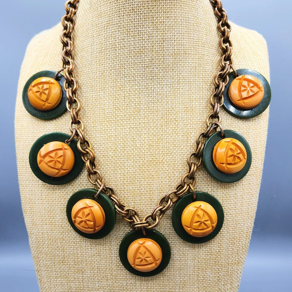 Green Spinach & Carved Butterscotch Bakelite Coin Charm Brass Chain Necklace 20" - Image 2 of 4