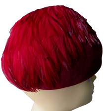 Vtg Bordeaux Genuine Velour Beret Style Hat Covered in Glistening  Red  Feathers