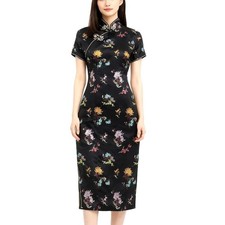 Vtg Chinese Qipao Dress 36 Black Floral Satin Cheongsam Mandarin Collar Brocade