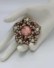 Vintage Signed Miriam Haskell Gold Tone Layered Flower Brooch Multi-Stones Pink