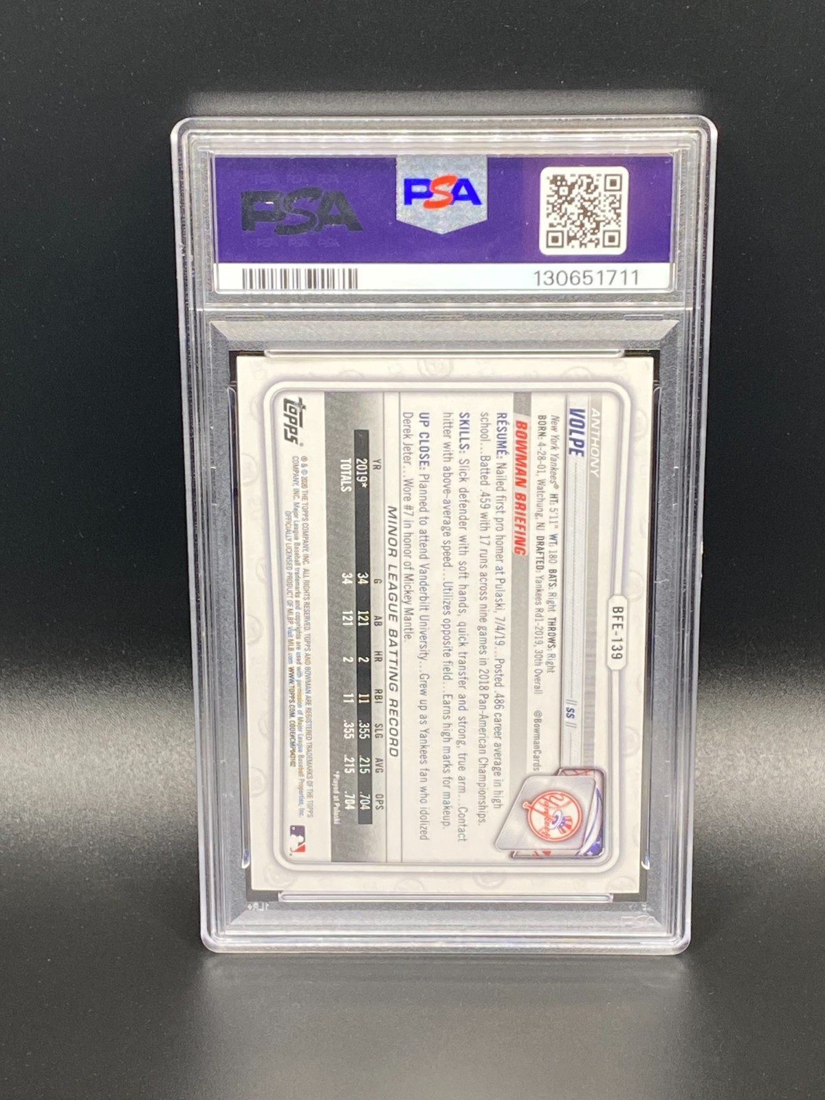 2020 Bowman 1st Edition Anthony Volpe Gold Foil RC #'d/50 #BFE-139 PSA NM-MT 8 view 2