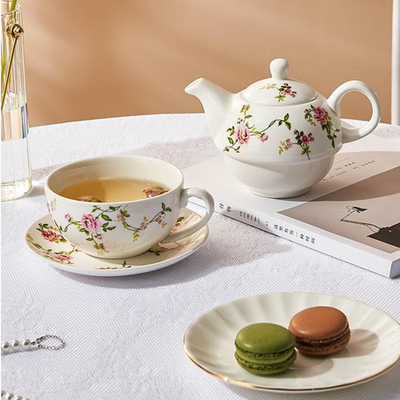 Tea for One Set, Porcelain Teapot Cup and Saucer Set with Tassel