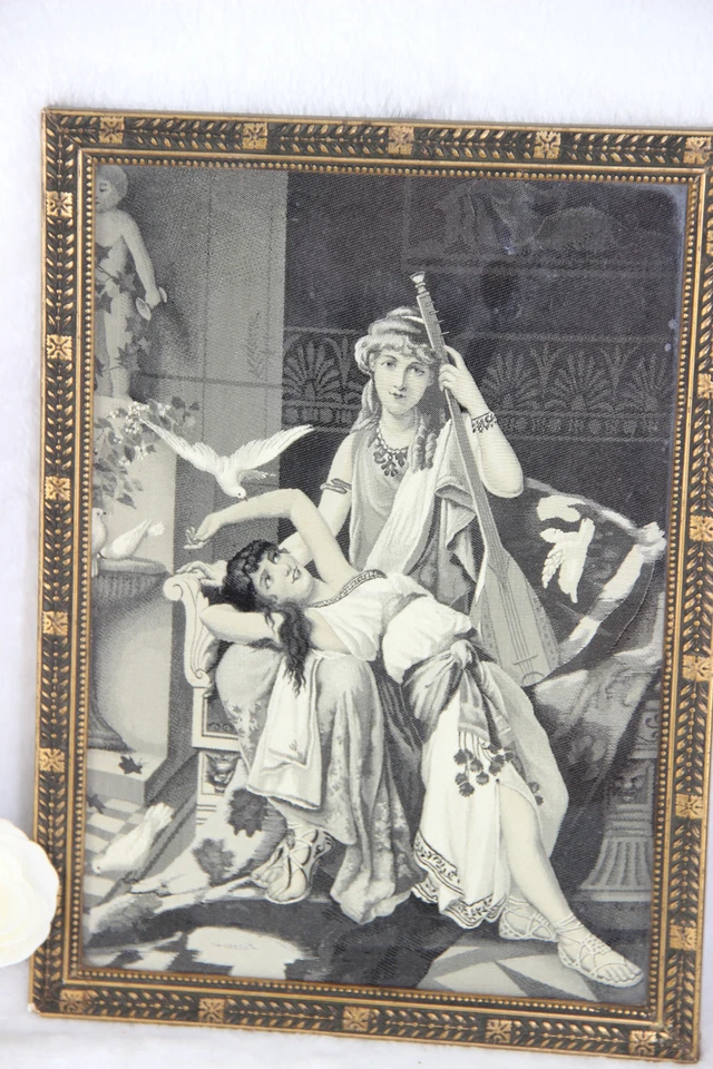 Antiguo PAR Enmarcado Art Deco Bellas Artes Tapiz Oriental Damas Placa de Pared Foto 3 de 4