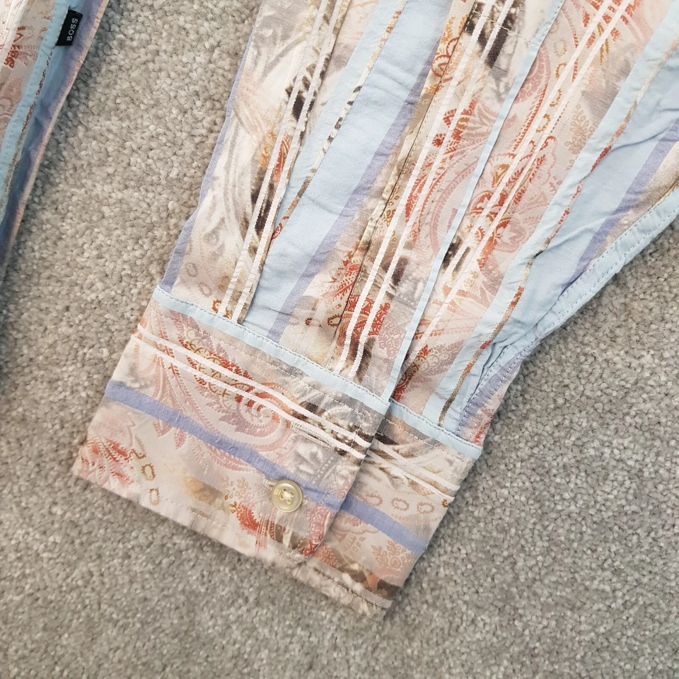 Hugo Boss Mens Shirt Large Blue Beige Stripe Patten Body Line Button Up - Image 3 of 4