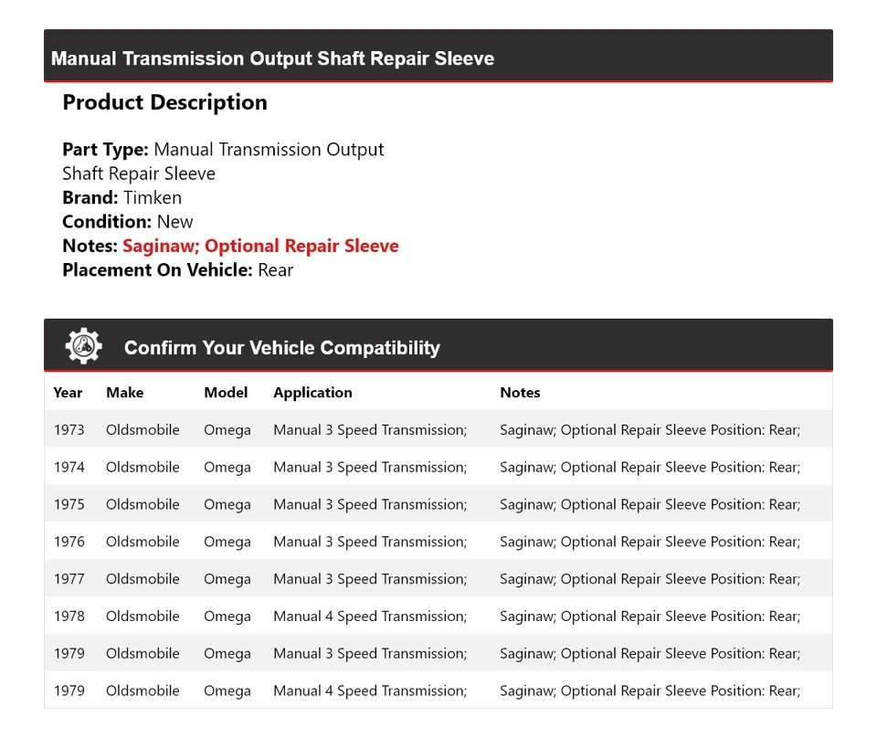 Para Oldsmobile Omega 1973-79 transmisión manual eje de salida manguito de reparación trasero Timken Foto 2 de 4