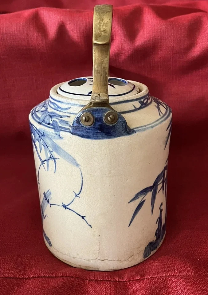 Dirty Dish Tea Kettle Solid Brass Handle Bamboo Handpainted England Antique RARE - Image 2 of 4