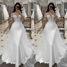 Mermaid Satin Wedding Dresses Long Sleeve Sweep Train Lace Applique Bridal Gowns