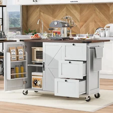 54.5" Farmhouse Kitchen Storage Island w/Power Outlet Wood Rolling Kitchen Cart