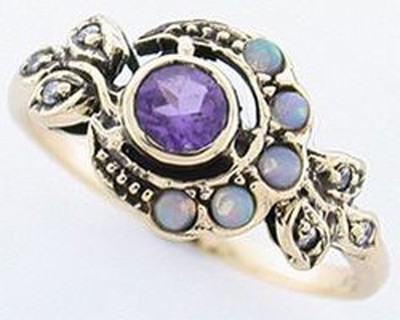 9ct Solid Gold Amethyst, Opal, Diamond Moon Ring, Victorian, R25 Custom