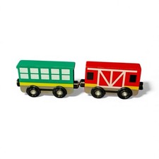 Wooden Train Cars Lot 2-pc Green Passenger  Red Cargo Magnetic Brio Compatible