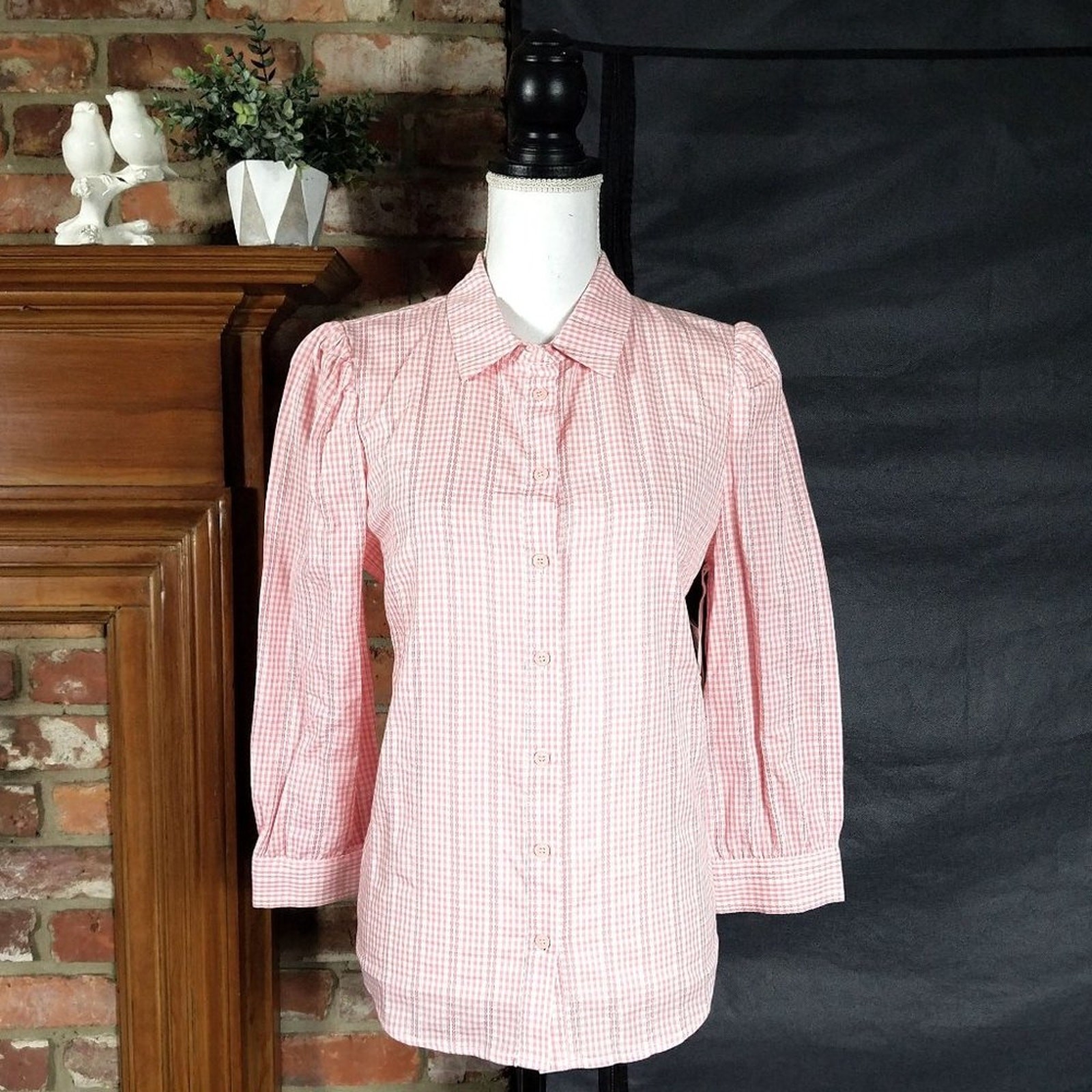 FILA Camicia Court & Rowe Gingham Check Dobby con bottoni rosa pesca taglia M nuova con etichette