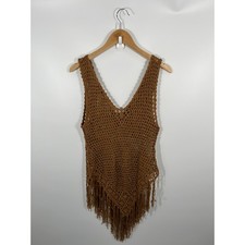 Womens Crochet Mini Dress ONE SIZE Brown Asymmetrical Fringe Western Boho Chic
