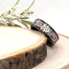 8mm Black Tungsten Carbide Ring Blue & Copper Gear Pattern Inlay Christmas Band