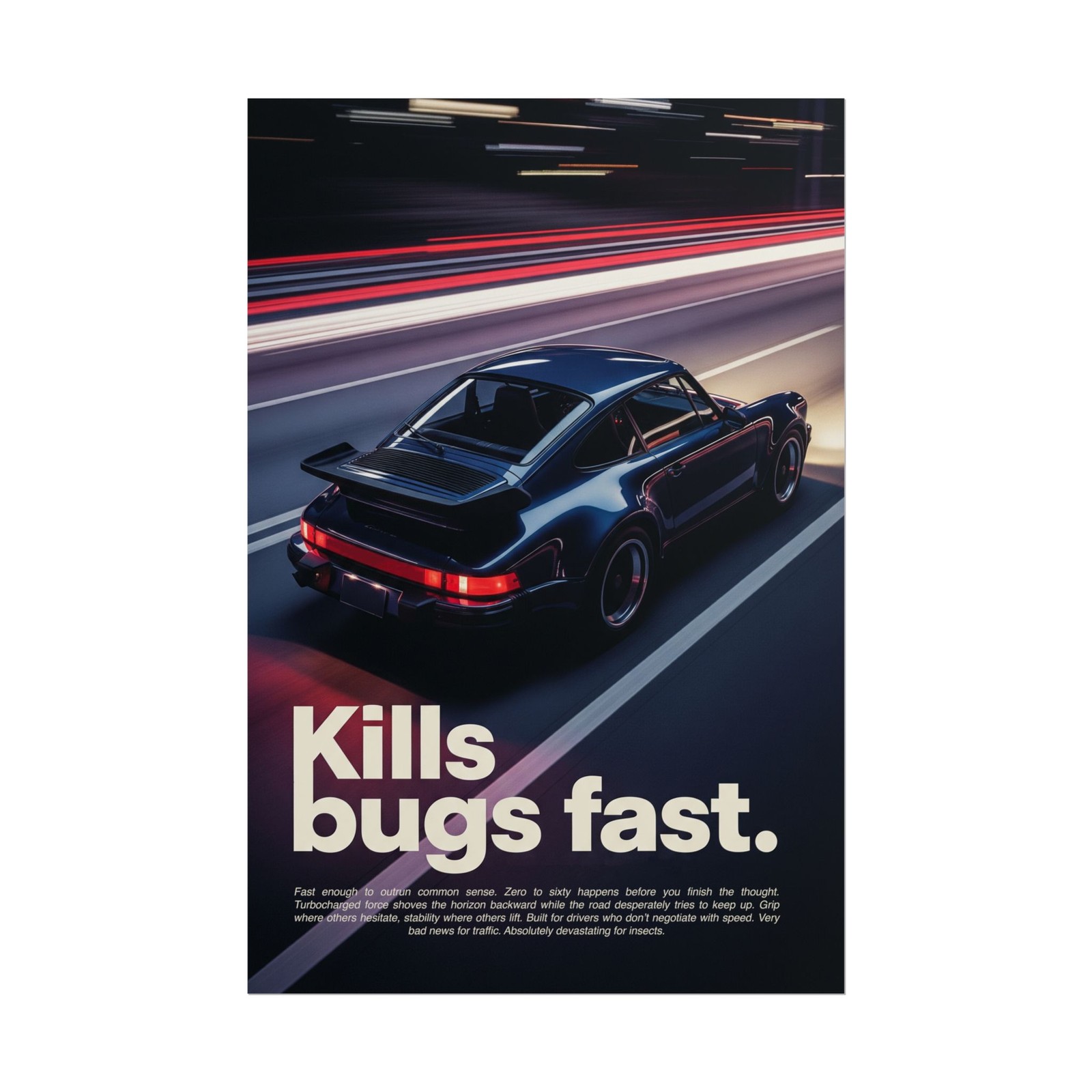 Porsche 911 turbo 930 poster – retro speed art print “kills bugs fast” wall art