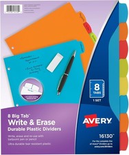 Big Tab Write  Erase Durable Plastic Dividers for 3 Ring Binders, 8-Tab Set, Br