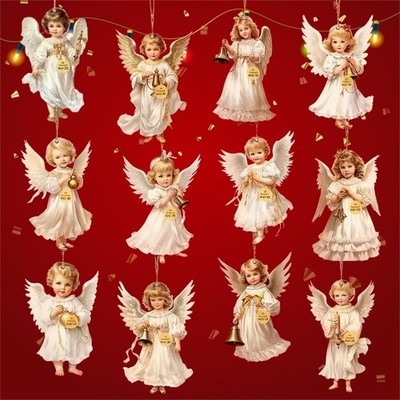 12pcs Vintage Christmas Angel Wooden Pendants, Artificial Wood Hanging Ornaments