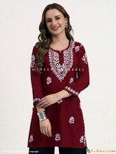 Maroon Rayon Chikankari Short Kurta, Hand-Embroidered Short Kurti Top For Women