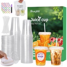 16 oz Clear Plastic Cups with Lids and Straws, 100 Pack Disposable Iced Coffe...