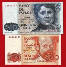 UNC, Two banknotes, 500 pesetas, 1979 and 200 pesetas, 1980, Series A,, SPAIN