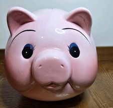 VTG Large Mid Century Ceramic Pink Pig Piggy Bank Blush Blue Eyes Plump 9" x 7"