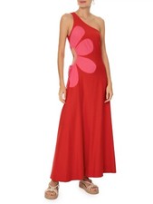FARM RIO RED & PINK ONE SHOULDER CUT OUT WAIST FLOWERS DAISY DRESS SIZE M 10
