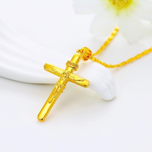 24K Gold Plated Cross Pendant Necklace Chains For Women Men Religious Jewelry - Picture 3 of 8