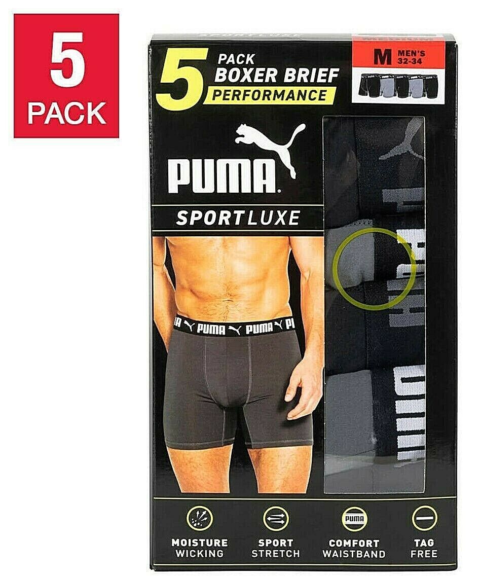 PUMA 5 PK Black Gray Boxer Briefs Underwear Performance M 32-34 Mens for  sale online