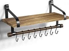 Rustic Wood Floating Shelf for Kitchen Storage with Towel Bar, Mugs Rack, 8 Hook