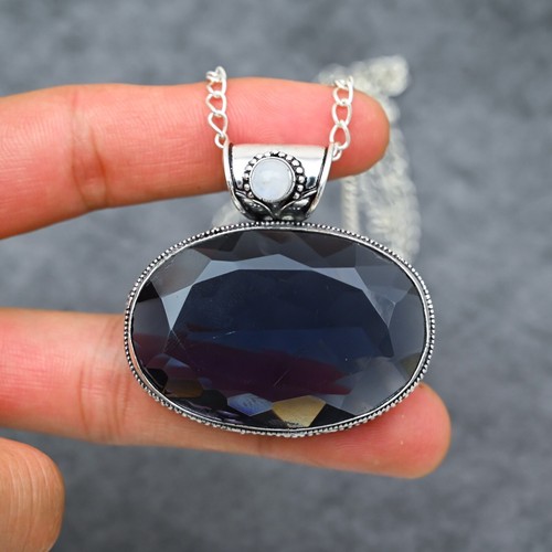 Handcrafted  Sterling Silver Amethyst & Rainbow Moonstone Faceted Oval Pendant 