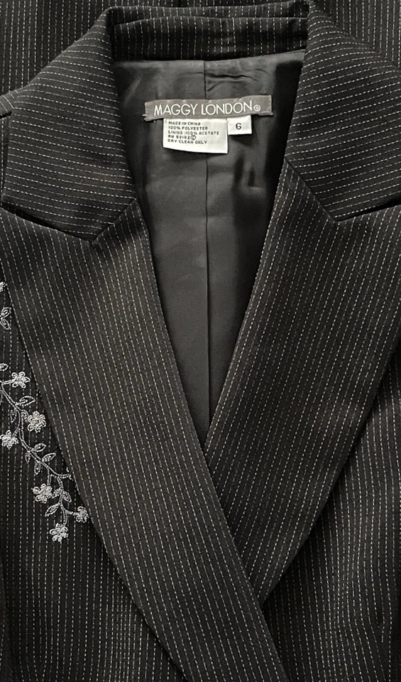 Maggy London черный вышитый цветочный в тонкую полоску стороне галстук брюки блейзер костюм размер 6 - Изображение 3 из 4