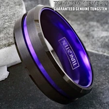 6/8mm Black Tungsten Carbide Ring Purple Stripe Wedding Band -Engraving Avail.