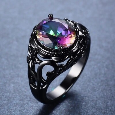 Titanium Steel Gun Black Rainbow Mystical Topaz Wedding Engagement Ring Size 7.5