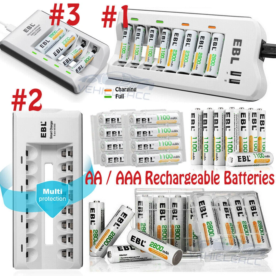 Baterías recargables EBL 1.2V AA AAA NIMH 1100mAh 2800mAh, lote cargador opcional Foto 2 de 2