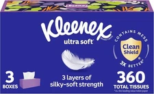 Kleenex Ultra Soft Facial Tissues, 3 Flat Boxes, 120 Tissues per Box, 3-Ply