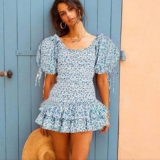 Love Shack Fancy Violet Mini Floral Coquette Puff Sleeve Dress NWOT, S